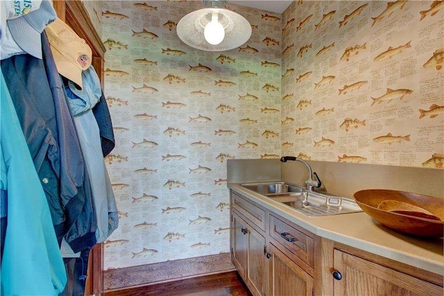 6302 J F Jay Rd, Gainesville, GA 30506 - bathroom featuring baseboards, vanity, and wallpapered walls