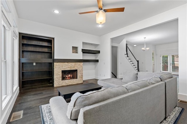 482 Pearl Cove Ct, Atlanta, GA 30350 - living area with stairway, dark wood-style floors, a fireplace, baseboards, and recessed lighting