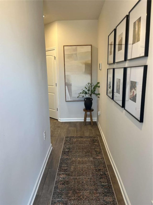 hall with baseboards and wood finished floors