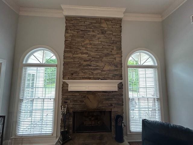 living area with crown molding, a stone fireplace, and wood finished floors