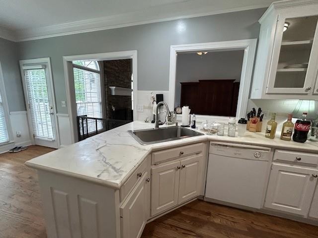 kitchen featuring crown molding, white dishwasher, a sink, and dark wood finished floors