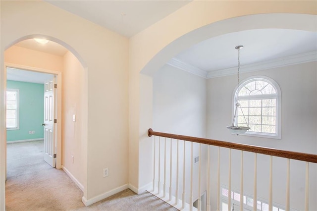 hall featuring carpet flooring, a healthy amount of sunlight, and baseboards