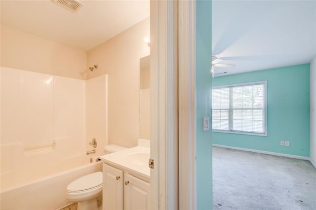 bathroom featuring visible vents, toilet, a ceiling fan, shower / washtub combination, and vanity