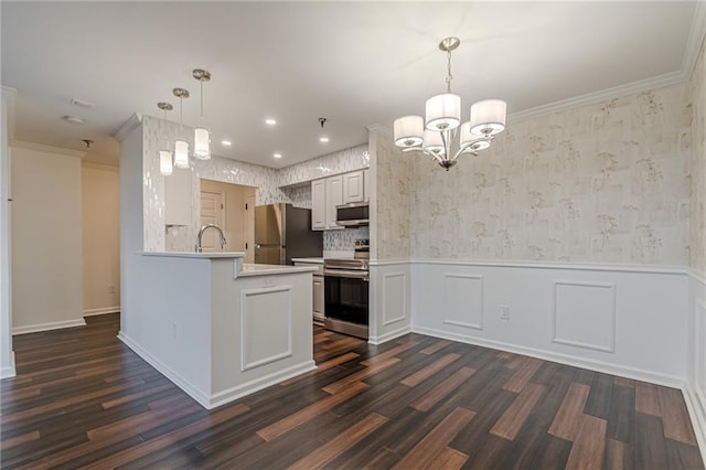 kitchen with kitchen peninsula, appliances with stainless steel finishes, dark hardwood / wood-style floors, and white cabinets