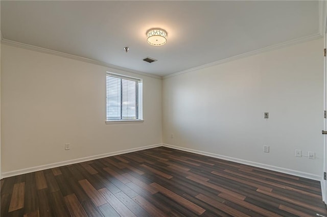 unfurnished room with dark hardwood / wood-style flooring and ornamental molding