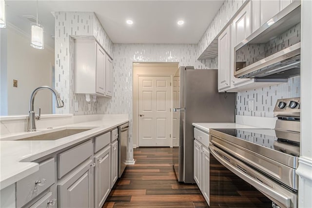 kitchen with sink, hanging light fixtures, dark hardwood / wood-style floors, white cabinets, and appliances with stainless steel finishes