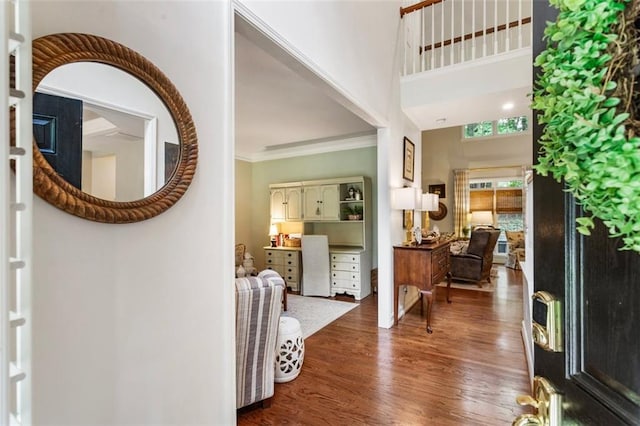 4401 Madison Woods Dr NW, Marietta, GA 30064 - foyer featuring wood finished floors, a towering ceiling, and ornamental molding