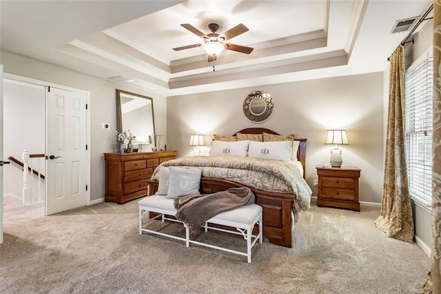 4401 Madison Woods Dr NW, Marietta, GA 30064 - bedroom featuring a raised ceiling, carpet floors, multiple windows, ornamental molding, and ceiling fan