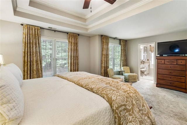 4401 Madison Woods Dr NW, Marietta, GA 30064 - bedroom with carpet floors, crown molding, a raised ceiling, connected bathroom, and ceiling fan