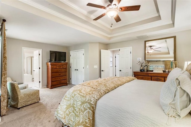 4401 Madison Woods Dr NW, Marietta, GA 30064 - bedroom with a raised ceiling, carpet, ornamental molding, ensuite bathroom, and ceiling fan