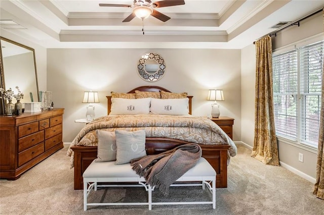 4401 Madison Woods Dr NW, Marietta, GA 30064 - bedroom with light colored carpet, a tray ceiling, ornamental molding, and a ceiling fan