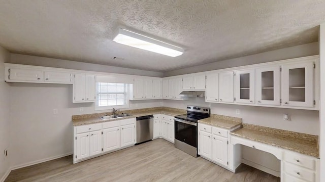 kitchen featuring under cabinet range hood, a sink, white cabinetry, appliances with stainless steel finishes, and light wood-type flooring