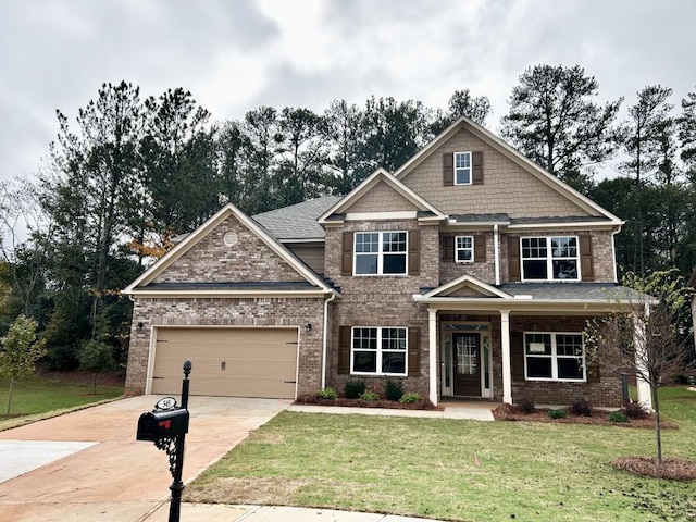 craftsman inspired home featuring a front yard, a porch, and a garage