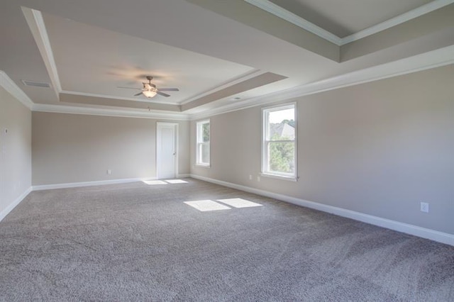 carpeted spare room featuring a raised ceiling, ceiling fan, and ornamental molding