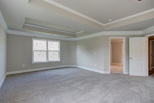 carpeted empty room featuring a tray ceiling and crown molding