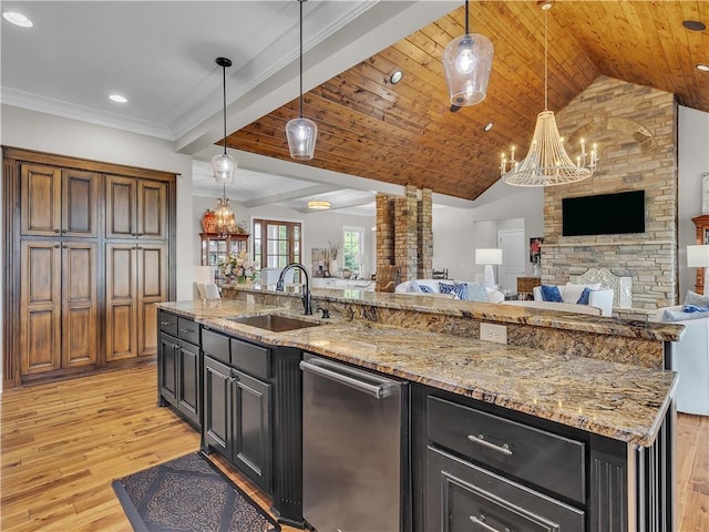 702 Cash Rd NE, Calhoun, GA 30701 - kitchen featuring open floor plan, a chandelier, dishwasher, light wood-style floors, and lofted ceiling