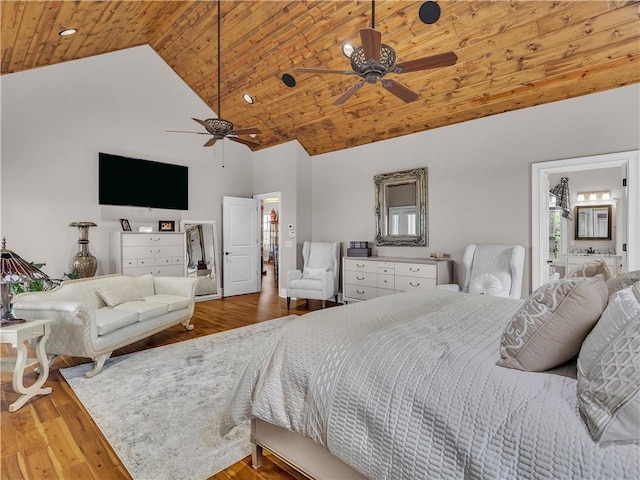 702 Cash Rd NE, Calhoun, GA 30701 - bedroom with wooden ceiling, high vaulted ceiling, wood finished floors, ceiling fan, and connected bathroom