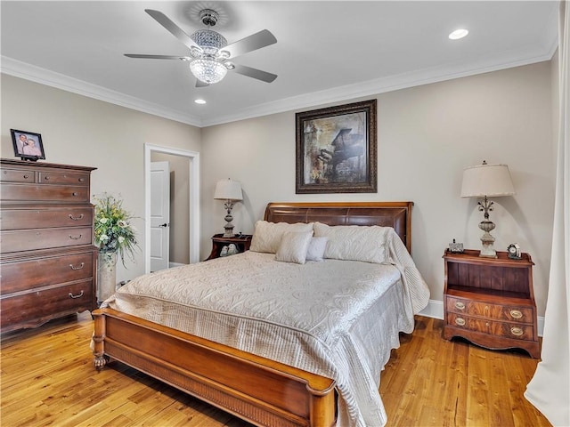 702 Cash Rd NE, Calhoun, GA 30701 - bedroom featuring light wood finished floors, recessed lighting, ornamental molding, and ceiling fan
