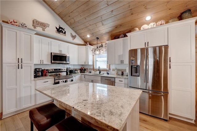 kitchen with pendant lighting, tasteful backsplash, sink, wood ceiling, and stainless steel appliances