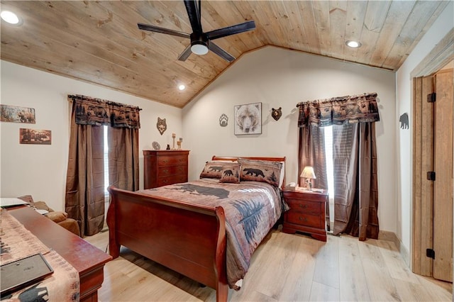 bedroom with light wood-type flooring, lofted ceiling, recessed lighting, wooden ceiling, and a ceiling fan