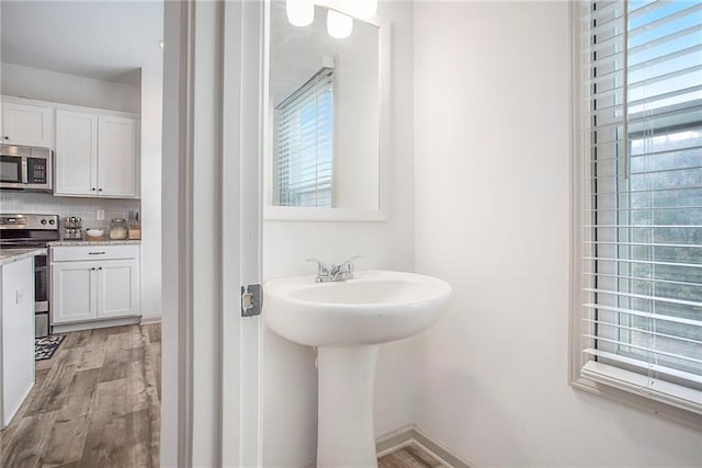 bathroom featuring a healthy amount of sunlight, a sink, decorative backsplash, and wood finished floors