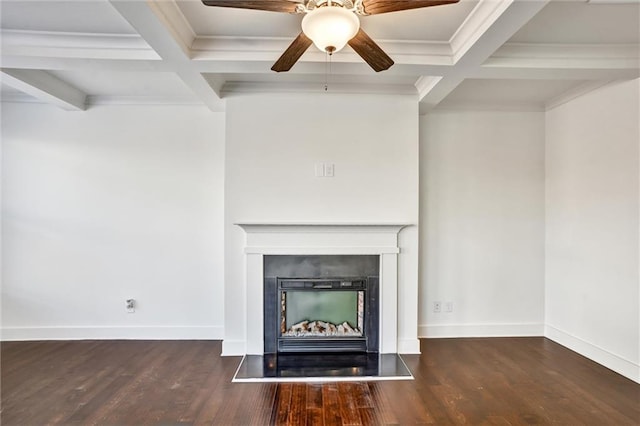 unfurnished living room with a fireplace with raised hearth, wood finished floors, beam ceiling, and baseboards