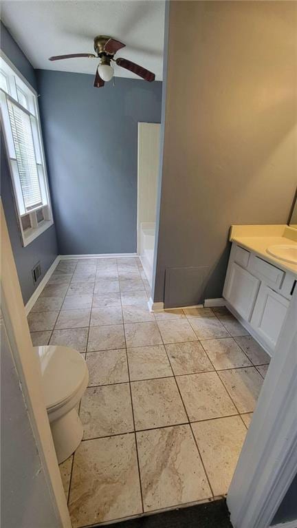 bathroom with tile patterned flooring, vanity, toilet, and ceiling fan