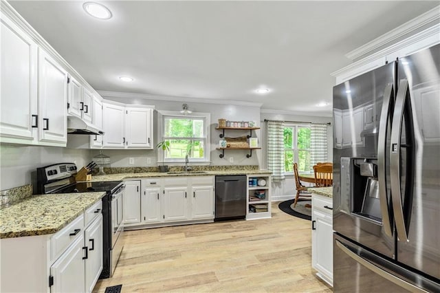 135 Crimson Rdg, Tyrone, GA 30290 - kitchen with stainless steel appliances, a sink, under cabinet range hood, open shelves, and crown molding