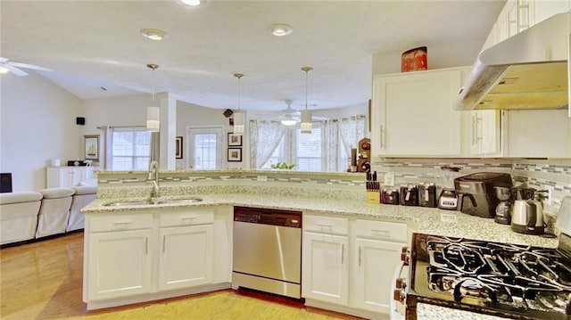 kitchen with sink, gas stove, stainless steel dishwasher, pendant lighting, and exhaust hood
