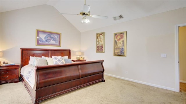bedroom with lofted ceiling, light colored carpet, and ceiling fan
