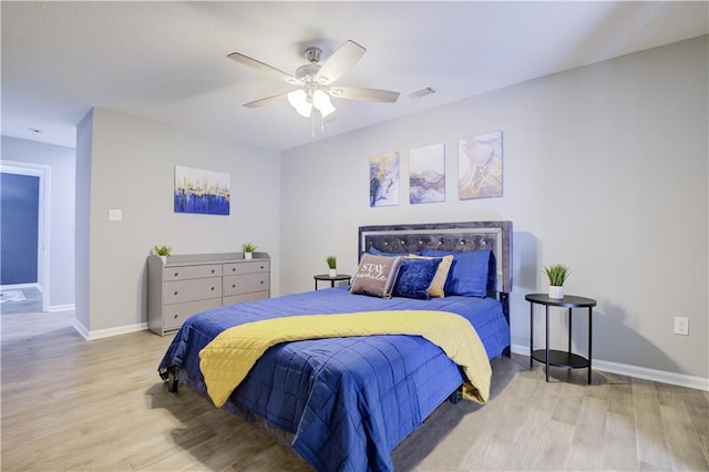 bedroom with ceiling fan and light hardwood / wood-style floors