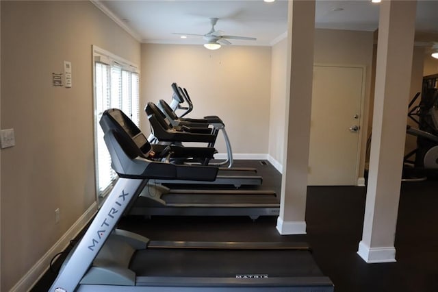 gym featuring ceiling fan and ornamental molding