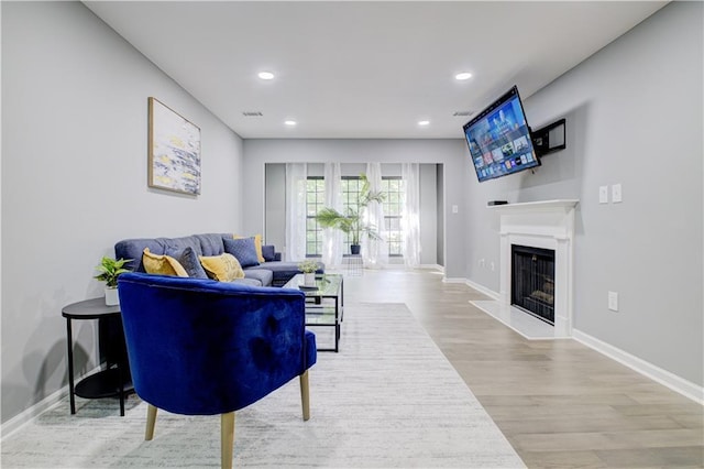 living room with light hardwood / wood-style flooring