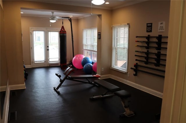 workout area featuring ornamental molding, ceiling fan, and french doors