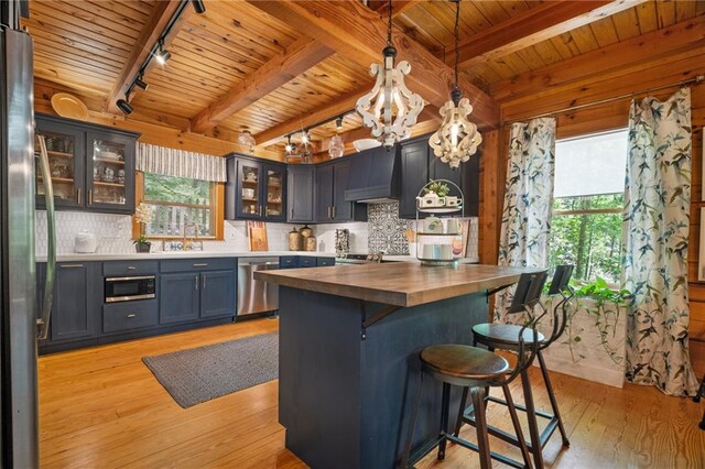 kitchen featuring wood counters, appliances with stainless steel finishes, track lighting, and wood ceiling