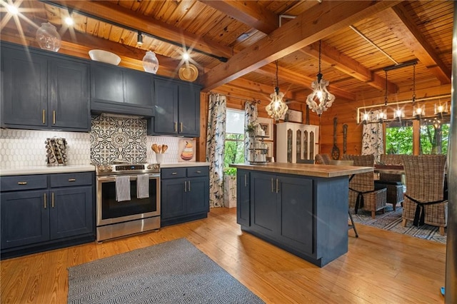 kitchen with a chandelier, plenty of natural light, wood ceiling, and electric stove