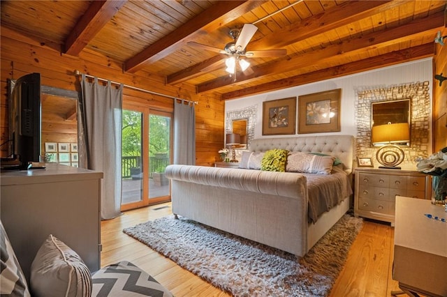 bedroom featuring wood ceiling, access to outside, light wood-type flooring, and wood walls