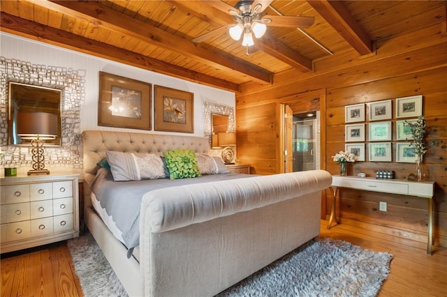 bedroom featuring wood walls, wood ceiling, wood finished floors, and beam ceiling