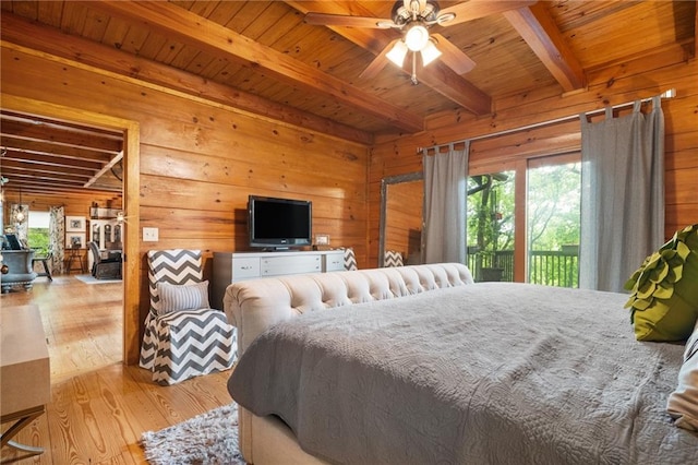 bedroom featuring a wood stove, wood finished floors, beam ceiling, wooden walls, and wooden ceiling