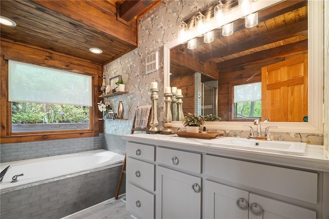 full bath with a sink, a shower stall, wooden ceiling, visible vents, and a garden tub