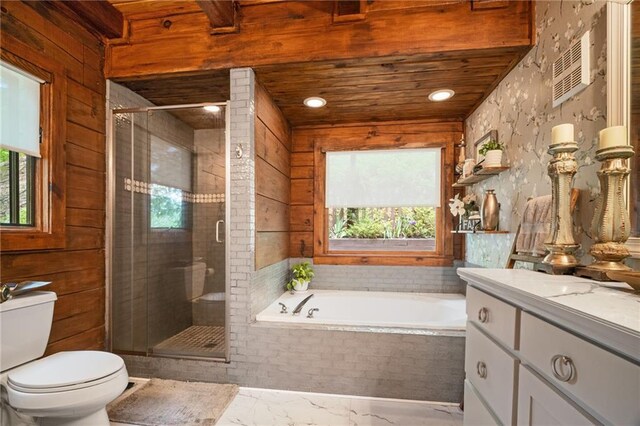 full bathroom featuring a shower stall, toilet, a garden tub, and a wealth of natural light