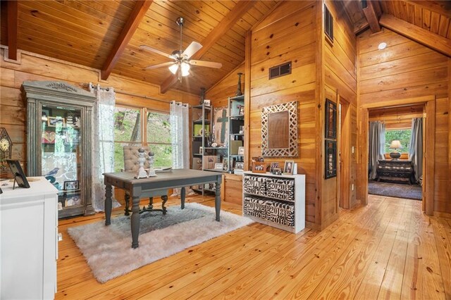 office space with wood walls, hardwood / wood-style floors, wooden ceiling, vaulted ceiling with beams, and visible vents