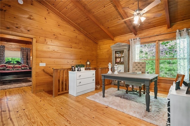 office featuring lofted ceiling with beams, wood ceiling, and hardwood / wood-style flooring