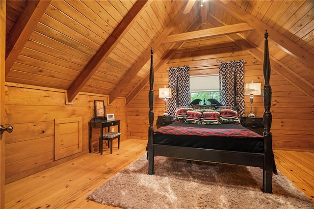 bedroom with wood-type flooring, wood walls, lofted ceiling with beams, and wood ceiling