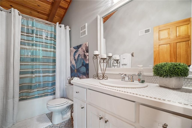 full bath with vanity, toilet, shower / bath combo with shower curtain, wooden ceiling, and visible vents