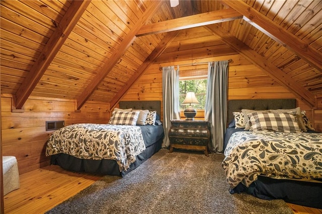 bedroom featuring wooden ceiling, lofted ceiling with beams, wood walls, and visible vents