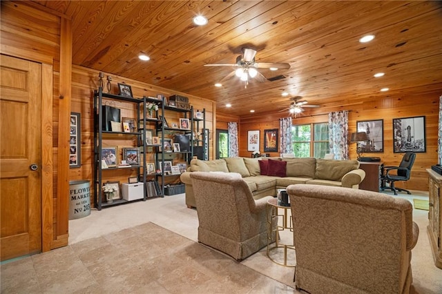 living room featuring recessed lighting, ceiling fan, wood walls, and wooden ceiling