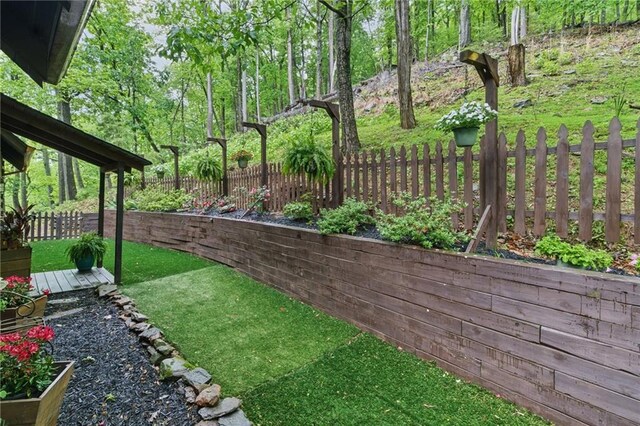 view of yard with a fenced backyard and a deck