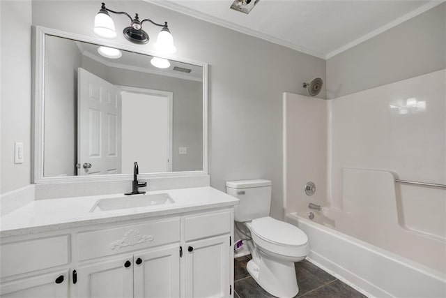 full bathroom with tub / shower combination, vanity, crown molding, tile patterned flooring, and toilet