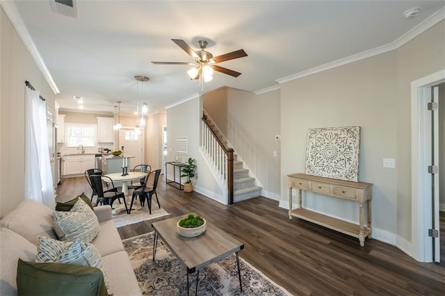 living room with crown molding, dark hardwood / wood-style flooring, ceiling fan, and sink